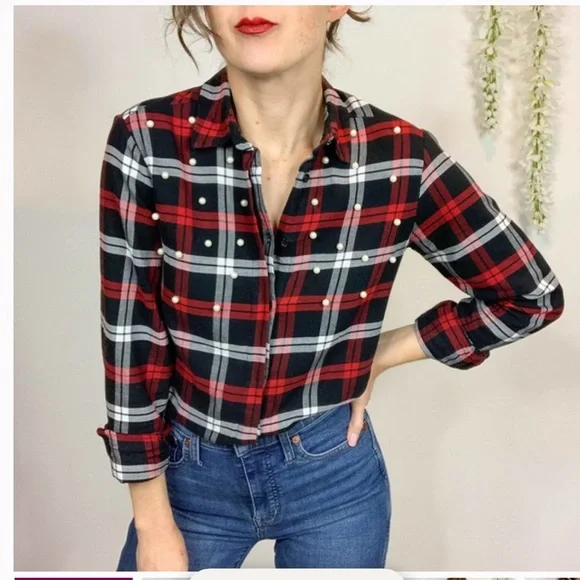 ZARA Basic Collection Black and Red White Faux Pearls Plaid Button Down Shirt ❤️ - Picture 6 of 11